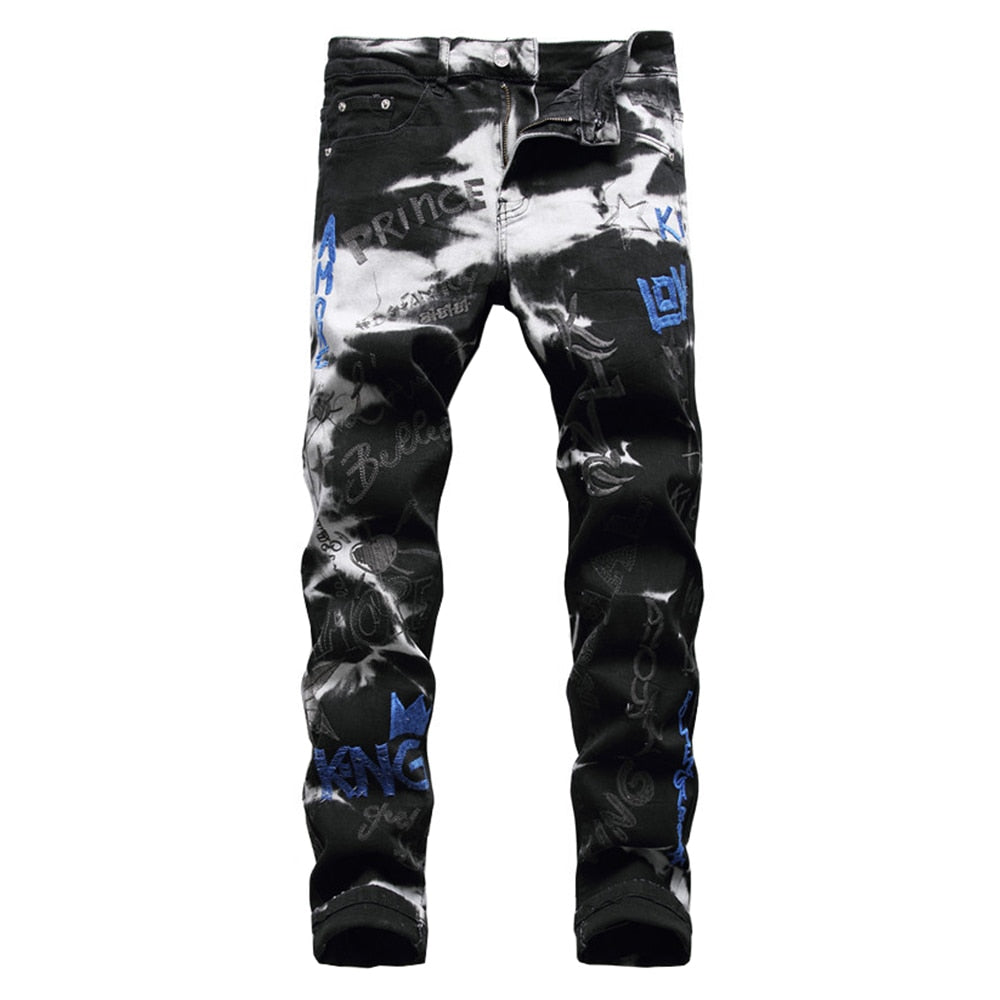 Men's Letters Embroidery Black Stretch Denim Jeans Embroidered Pencil Pants Trousers