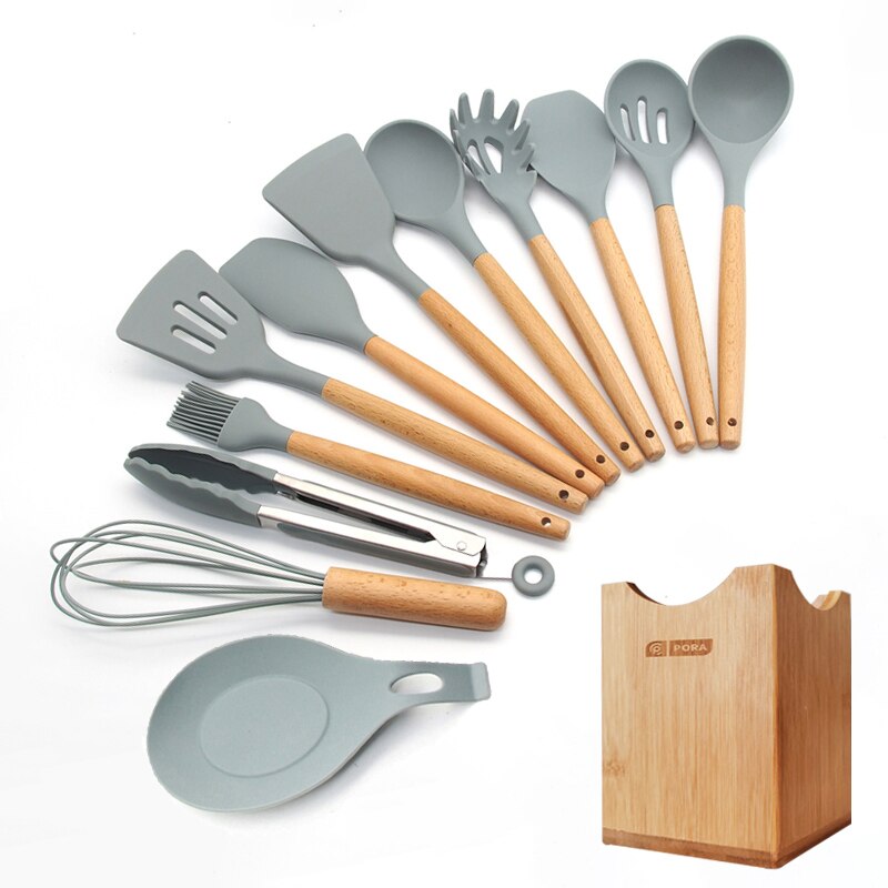 Silicone Cooking Utensils 11/12/13Pcs Kitchen Utensil Set Non-stick Spatula Wooden Handle with Storage Box Kitchen Appliances