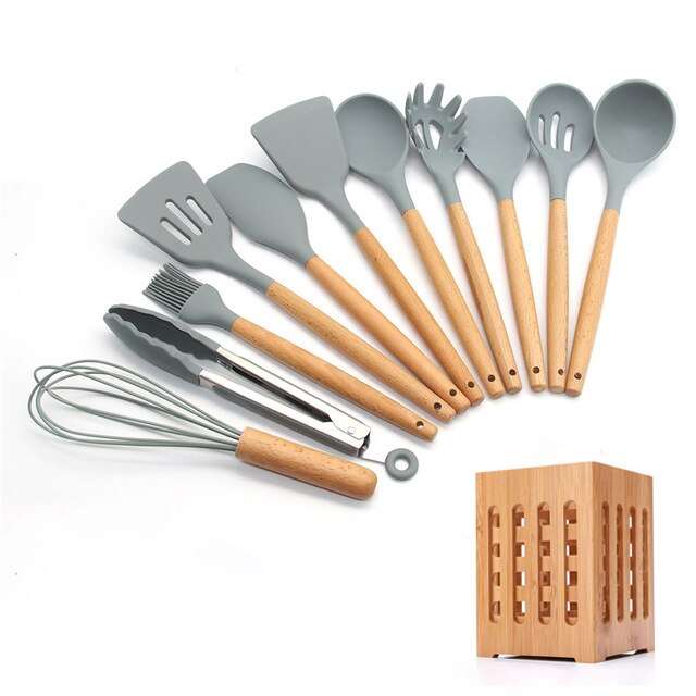 Silicone Cooking Utensils 11/12/13Pcs Kitchen Utensil Set Non-stick Spatula Wooden Handle with Storage Box Kitchen Appliances