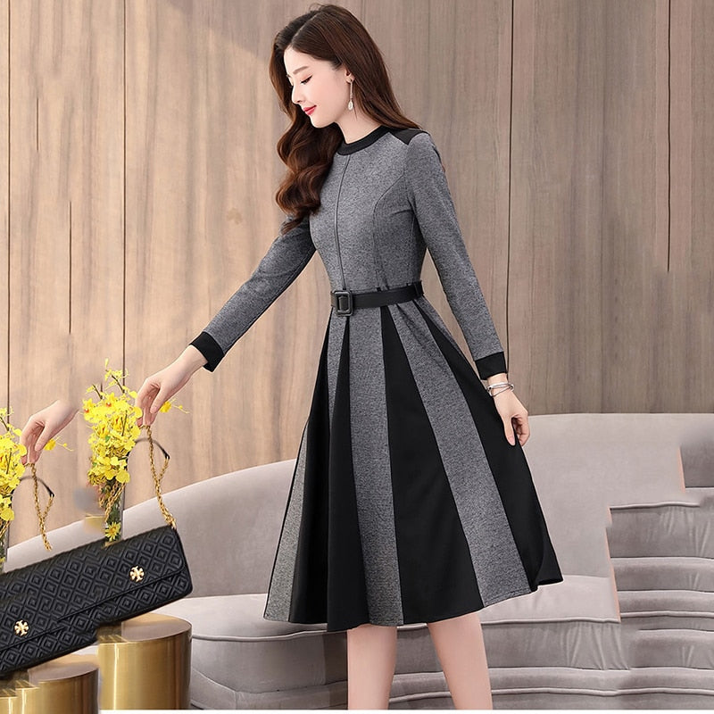 Casual Little Plaid Spliced Hem Pleated A-Line Dresses Women Fall Vintage Belted Long Sleeve Dress Elegant Knee-Length Vestidos