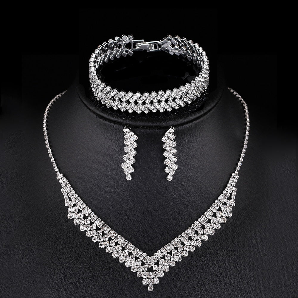 TREAZY Silver Color Rhinestone Crystal Bridal Jewelry Sets for Women Necklace Earrings Bracelet Set Wedding Jewelry Accessories