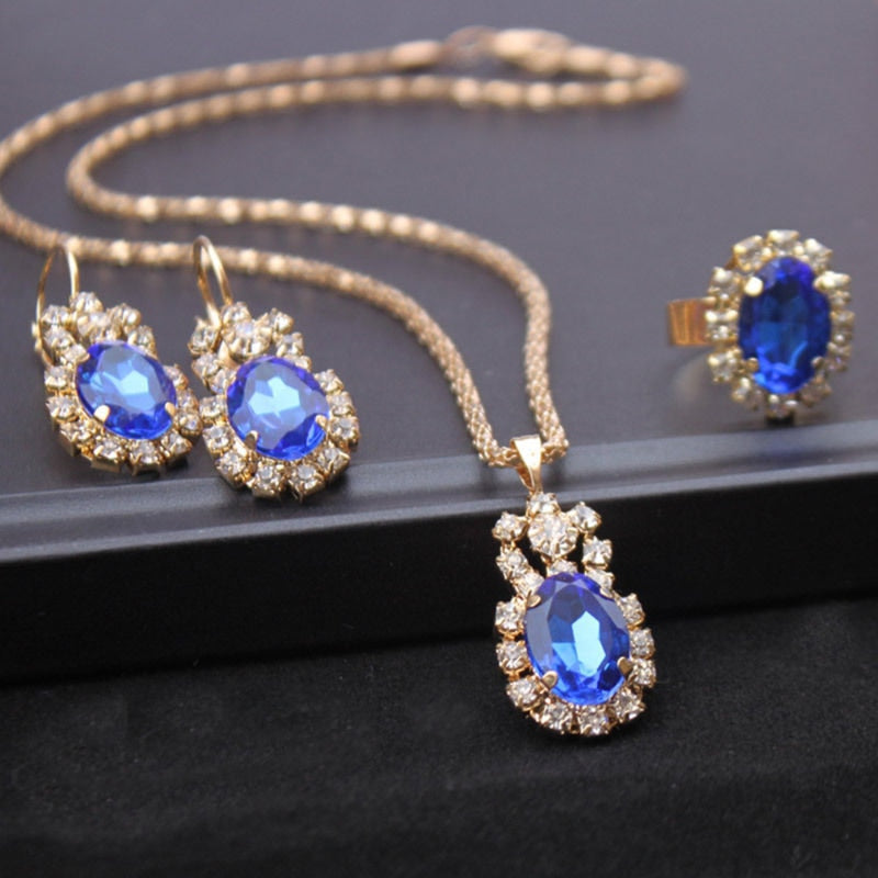 Water Drop White Blue Red Purple Black Rhinestones Jewelry Sets For Women Pendant/Necklace/Earrings/Rings