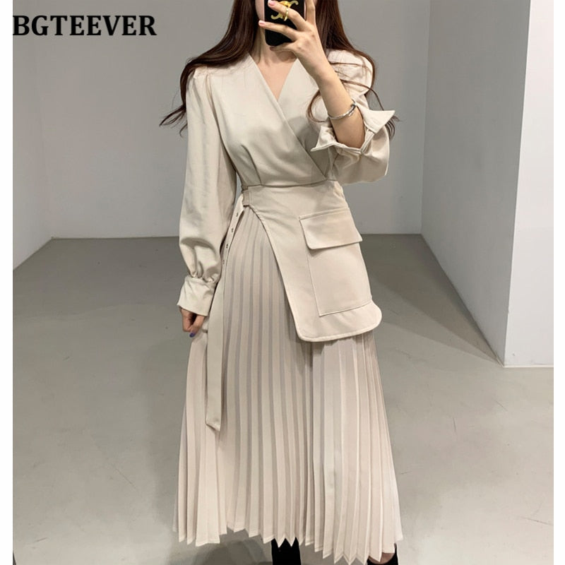 BGTEEVER Casual V-neck Slim Waist Belted Female Dress 2021 Spring Elegant Full Sleeve Women Pleated Vestidos Ladies Midi Dress