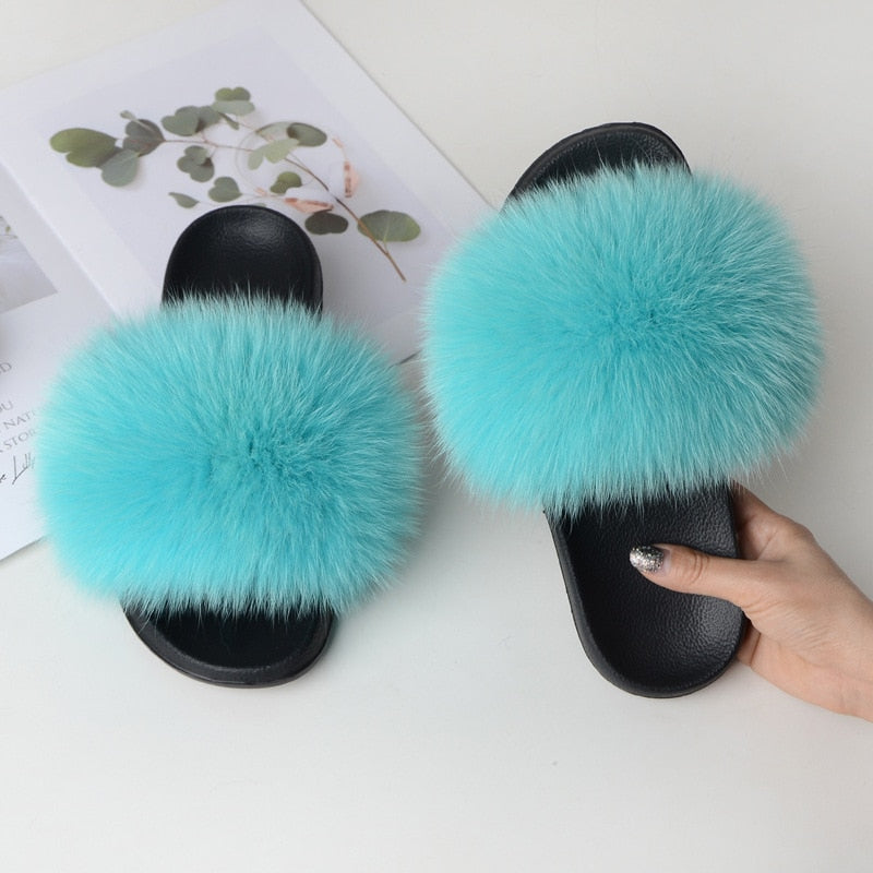 Women Summer Furry Fur Slippers Flat Non-slip Solid Real Fox Fur Slides Fluffy Slippers Ladies Shoes Woman Home Slipper