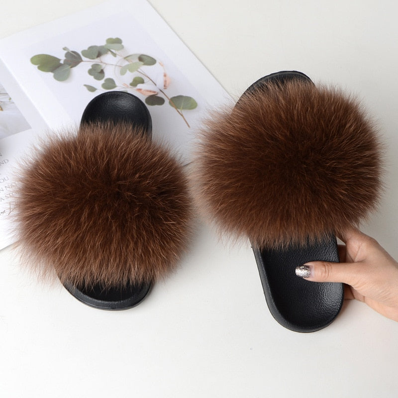 Women Summer Furry Fur Slippers Flat Non-slip Solid Real Fox Fur Slides Fluffy Slippers Ladies Shoes Woman Home Slipper