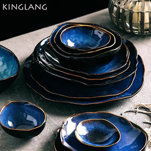 KINGLANG 1/2/4 Person Tableware Set Blue Color Ceramics Irregular Shape Dinner Set Dishes Plate