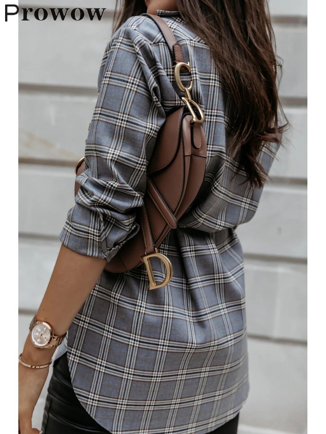 Prowow Women Long Plaid Blouse Spring Autumn Casual Long Sleeve Female Shirts Single Breasted Turndown Collar Plus Size Tops