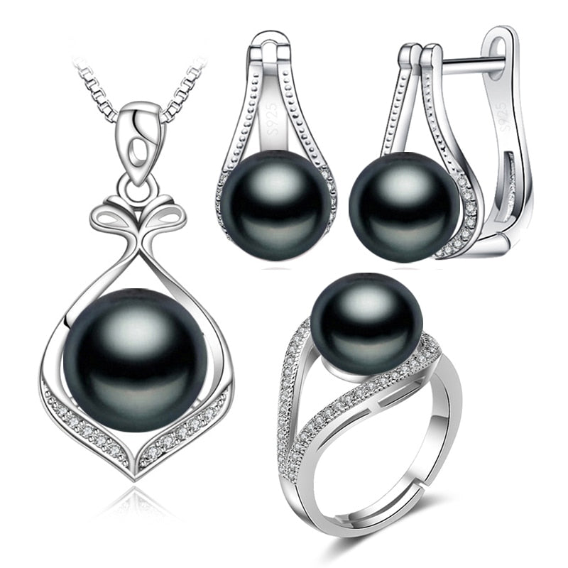 FENASY 925 Sterling Silver Pendant Necklace Natural Pearl Jewelry Sets For Women Classic Stud Earrings Fashion Party Rings