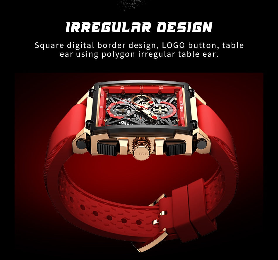 2022 New LIGE Men Watches Top Brand Luxury Hollow Square Sport Watch For Men Fashion Silicone Strap Waterproof Quartz WristWatch