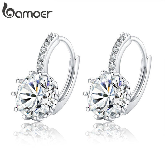 BAMOER Trendy Genuine Silver Color Round Hoop Earrings with AAA Zircon For Women Jewelry Gift YIE083