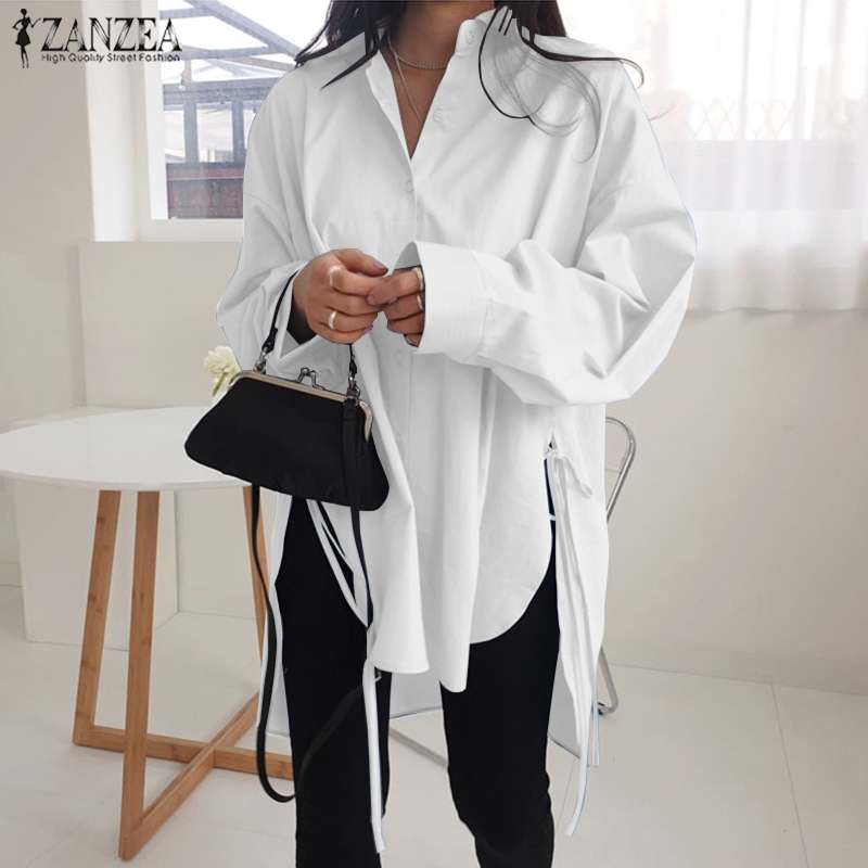 Stylish Solid Shirts Women's Asymmetrical Blouse 2021 ZANZEA Casual Lace Up Blusas Female Button Lapel Shirt Oversized Tunic 5XL