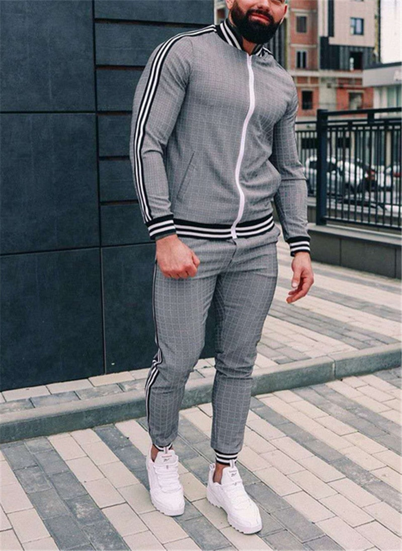 2022 New gyms Men's Sets 2 Pieces Sets Tracksuit Men's Jackets+Pants suit Sportwear Gentlemen Plaid Mens Sports Suit men Clothes