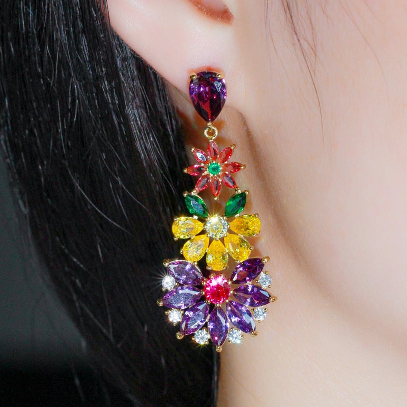 CWWZircons Unique Multicolored Cubic Zirconia Cluster Flower Dangle Drop Earrings for Women Wedding Party Dress Jewelry CZ430