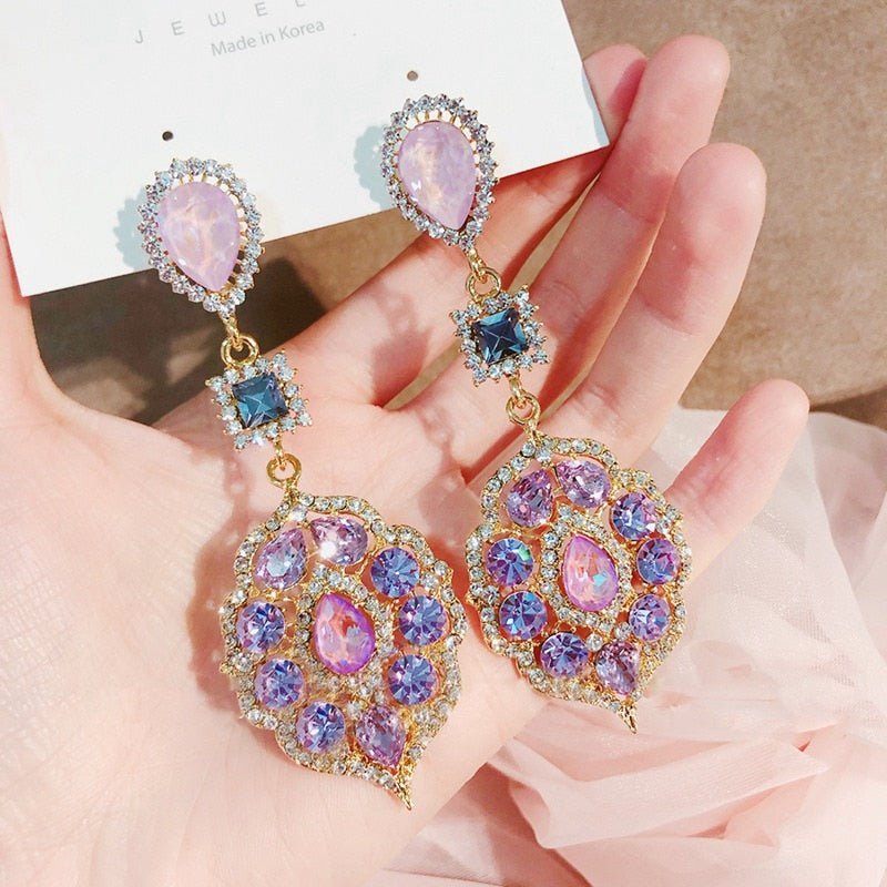 MENGJIQIAO New Vintage Elegant Waterdrop Crystal Oval Flower Dangle Earrings For Women Girls Luxury Rhinestone Jewelry Brinco