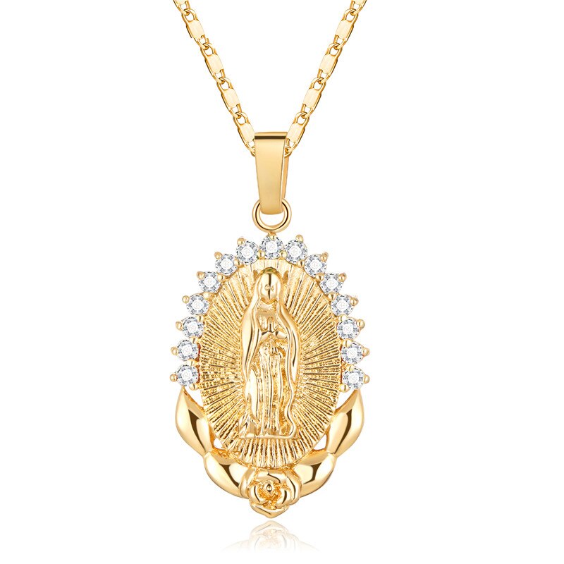 CWEEL Virgin Mary Necklace Gold Color Bijoux Imitation Crystal Statement Necklace Women Fashion Pendant Catholic Jewelry