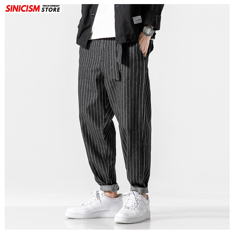 Idopy Fashion Mens Trend Stretchy Harem Jeans Drawstring Comfy Striped Harem Comfortable Cuffed Trousers Joggers For Male