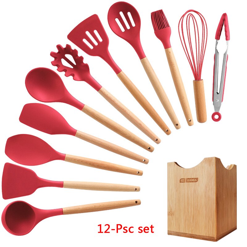 Silicone Cooking Utensils 11/12/13Pcs Kitchen Utensil Set Non-stick Spatula Wooden Handle with Storage Box Kitchen Appliances