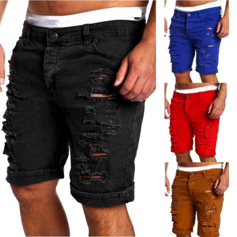 Men's Denim Chino Fashion Shorts Washed Denim Boy Skinny Runway Short Men Jeans Shorts Homme Destroyed Ripped Jeans Plus Size