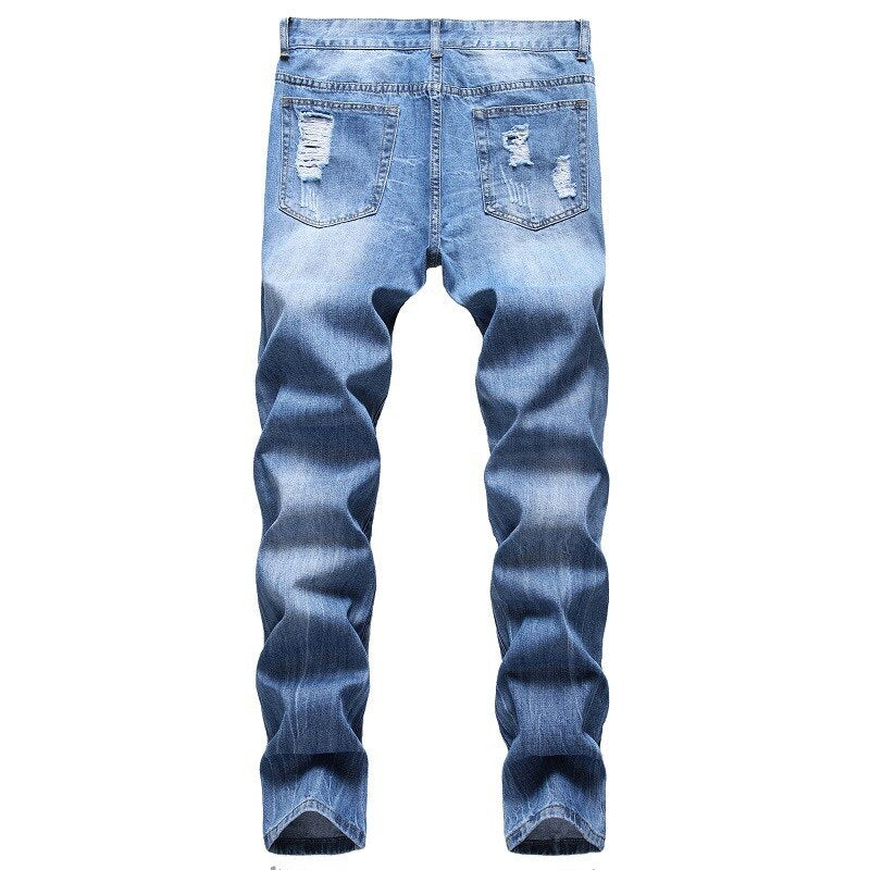 2021 Autumn Spring Men's Ripped Street HIP HOP Punk Stretch Bike Jeans Trendy Holes Straight Denim Trouers