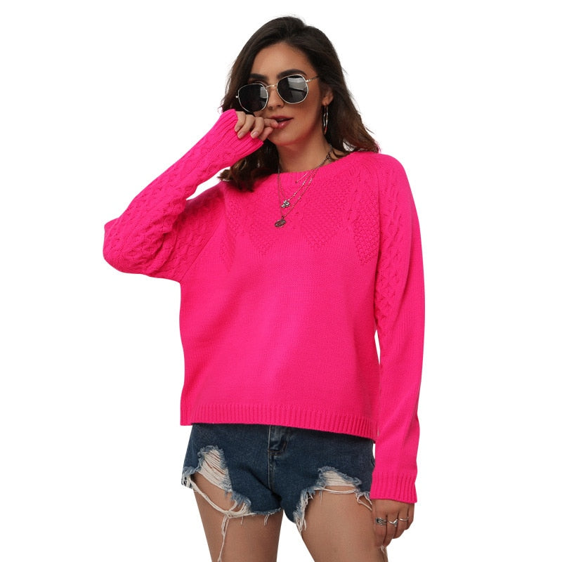 Women's Neon Sweaters Fluorescence Fuchsia Turtleneck Long Sleeve Pullovers Casual Loose O Neck Knitted Shirts Female Jumper