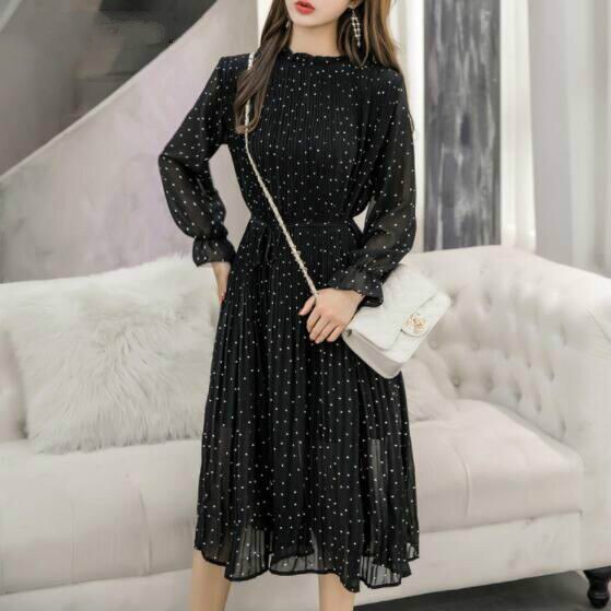 Black Vintage ClotheS Spring Lady Long Chiffon Dress 2021 New Korean Fashion Women Long Sleeved Polka Dot Pleated Dress 3670 50