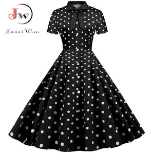 Black Polka Dot Print Women Summer Dress Short Sleeve Striped Bow Elegant Vintage Pin Up 50s Party Dress Vestidos Plus Size