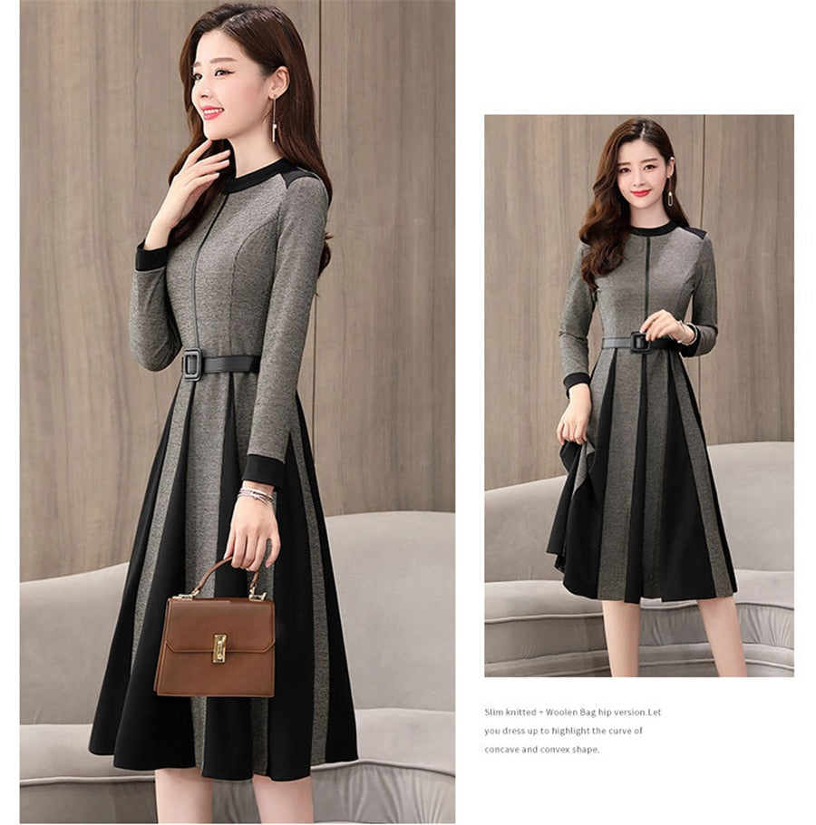 Casual Little Plaid Spliced Hem Pleated A-Line Dresses Women Fall Vintage Belted Long Sleeve Dress Elegant Knee-Length Vestidos