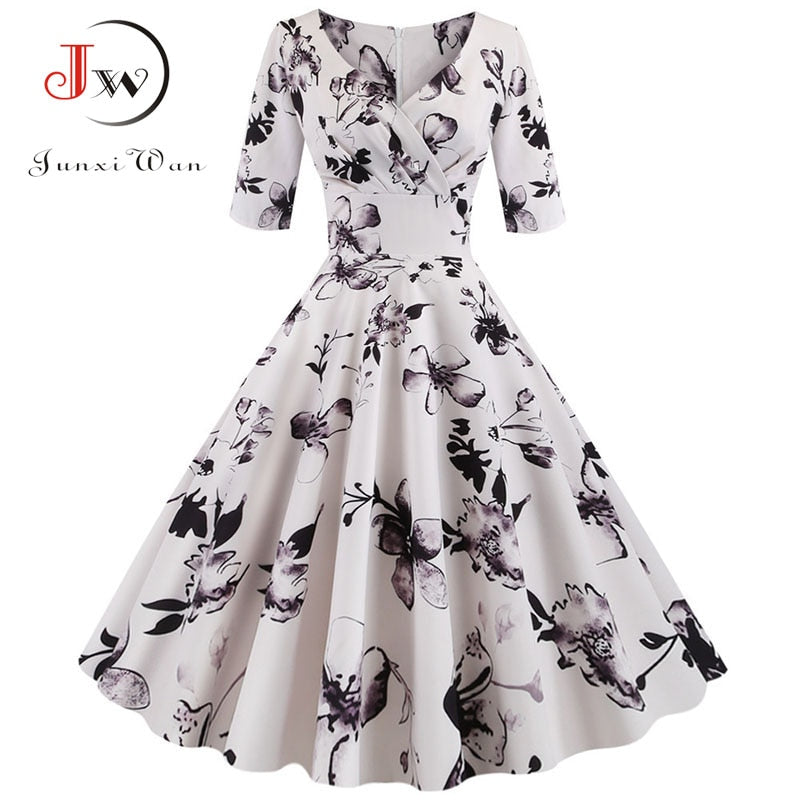 Women flower print Autumn dress Casual Winter half sleeve Elegant Vintage dress Robe femme plus size pinup office party vestidos