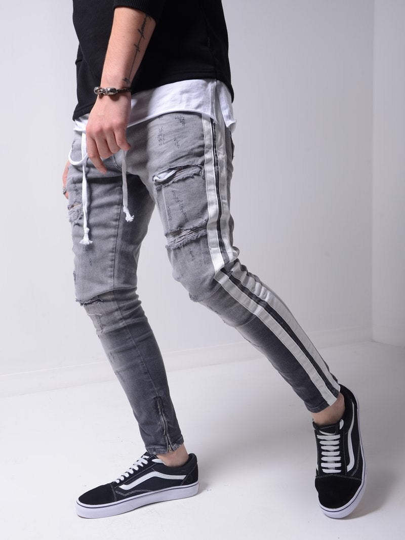 Skinny ripped jeans men Pants Pencil Biker Side Striped Jeans Destroyed Hole Hip Hop Slim Fit Man Scratched Jean Hombre Pantalon