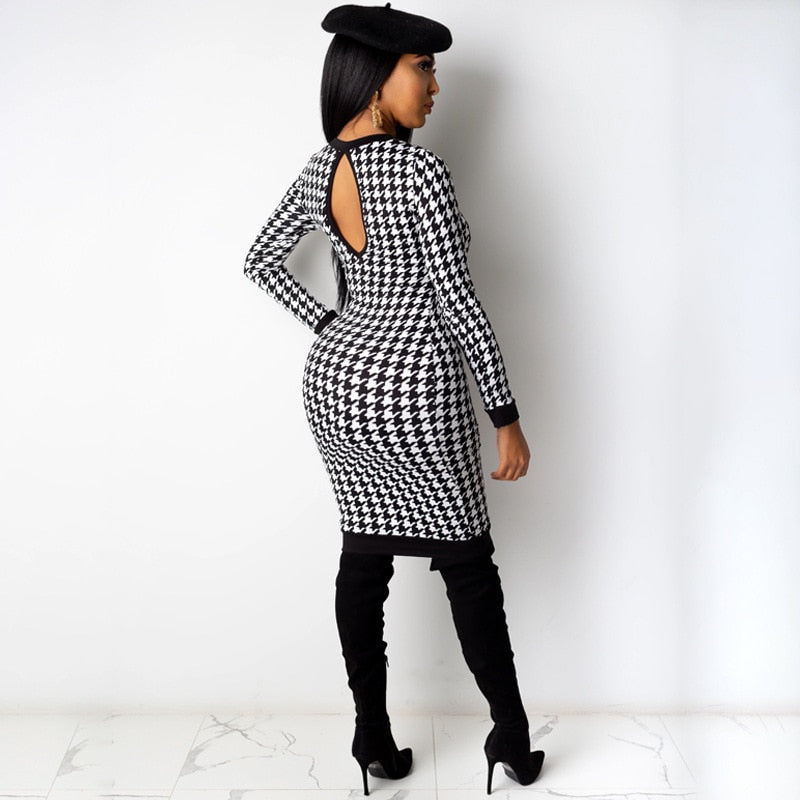 Houndstooth Print Women Long Sleeve Midi Dress Hollow Out Bodycon Sexy Streetwear 2022 Autumn Winter Club Elegant Slim