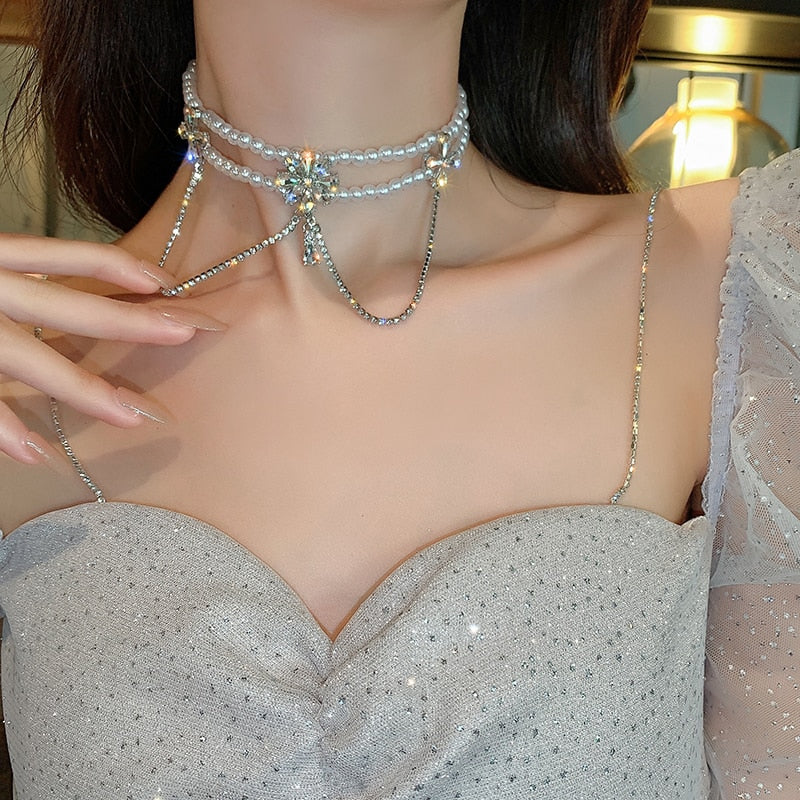 2020 Korea New Design Fashion Jewelry Exaggerated Crystal Tassel Elegant White Pearl Female Clavicle Necklace