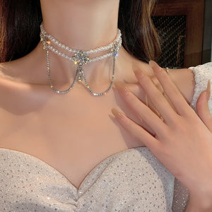 2020 Korea New Design Fashion Jewelry Exaggerated Crystal Tassel Elegant White Pearl Female Clavicle Necklace