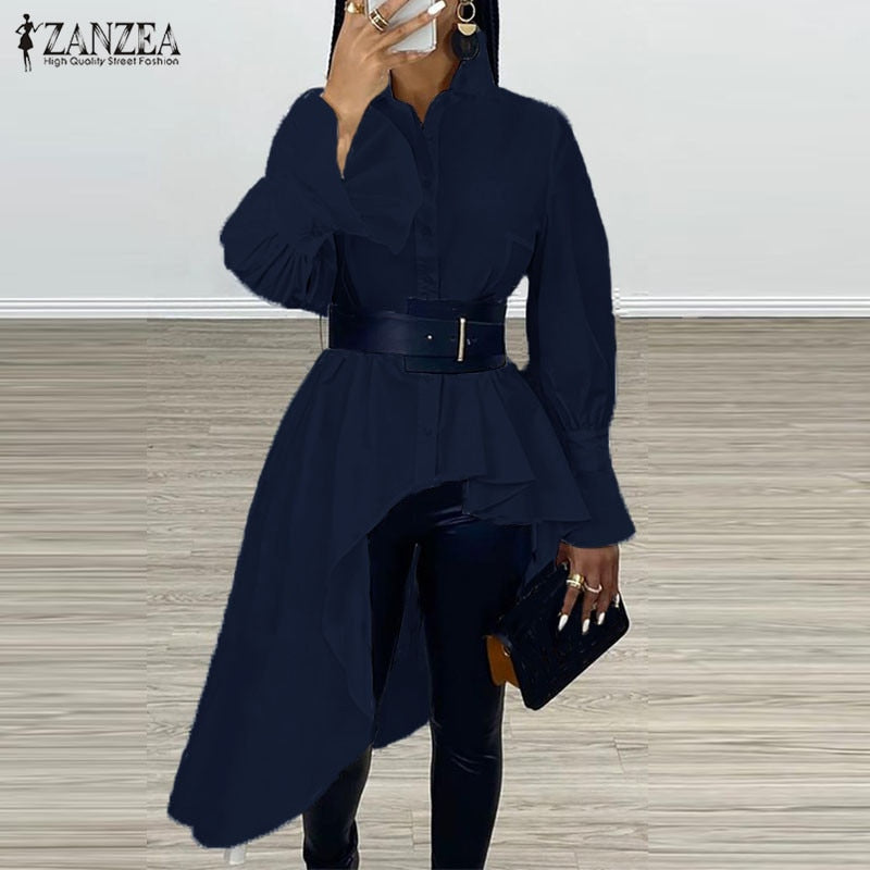 Women's Asymmetrical Blouse 2021 ZANZEA Elegant Flouce Sleeve Shirts Casual Button Down Blusa Female Lapel Tunic Oversized Top