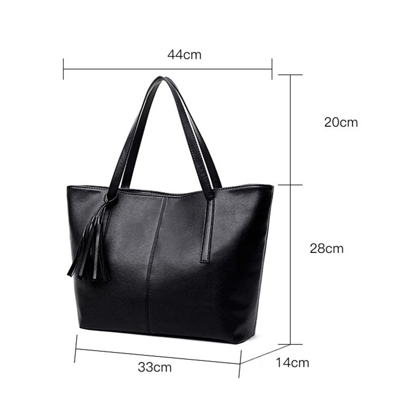 Vintage Black Tassel Tote Bag for Women High Quality Leather Shoulder Bag Large Capacity Top-handle Bag Shopping Lady Purse sac