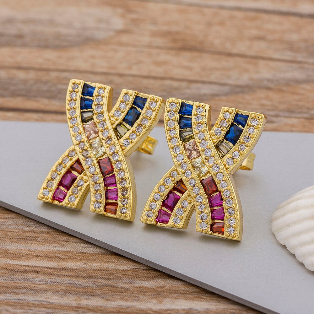 Original Design Copper Zircon Luxury Colorful Rainbow Huggie Earrings Woman Girls Good Price Stud Earrings Jewelry Gift