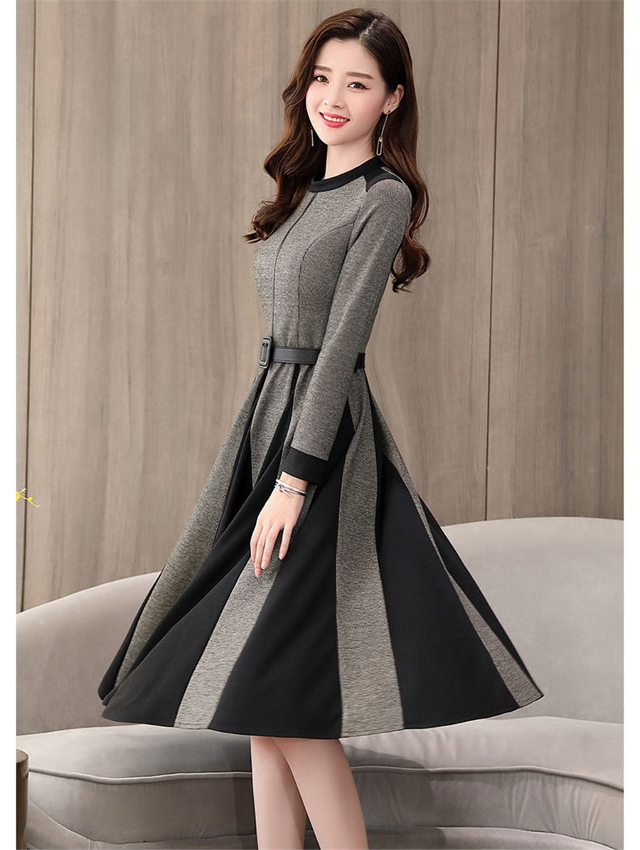 Casual Little Plaid Spliced Hem Pleated A-Line Dresses Women Fall Vintage Belted Long Sleeve Dress Elegant Knee-Length Vestidos