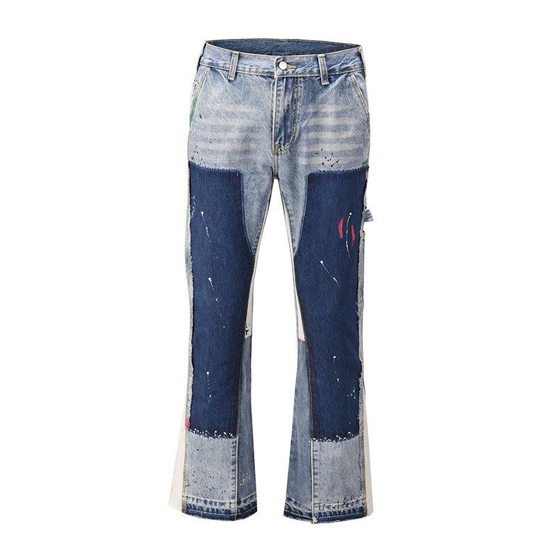 High Street Color Block Spliced Washed Jeans Mens Oversize Wide Leg Straight Denim Flare Pants Retro Loose Casual Trousers