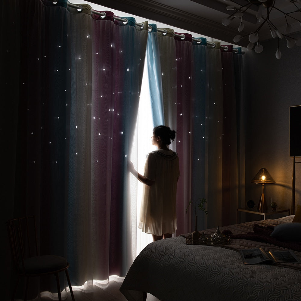 Shiny Stars Children Cloth Curtains Colorful Double Layer Star Window Curtains for Living Room Bedroom Gradient Blackout Curtain