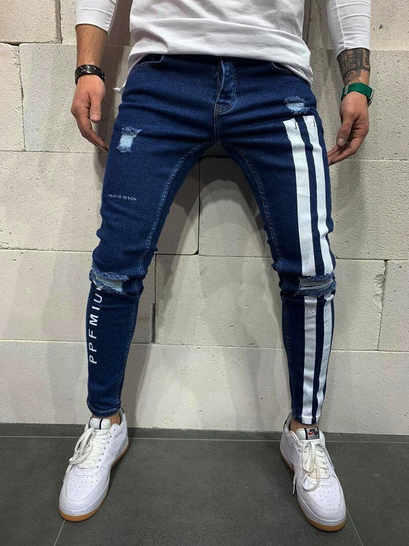 Letter printing Ripped Pencil Jeans Men Skinny Biker Side Striped Jeans Destroyed Hole Hip Hop Slim Fit Jean Men's Pant