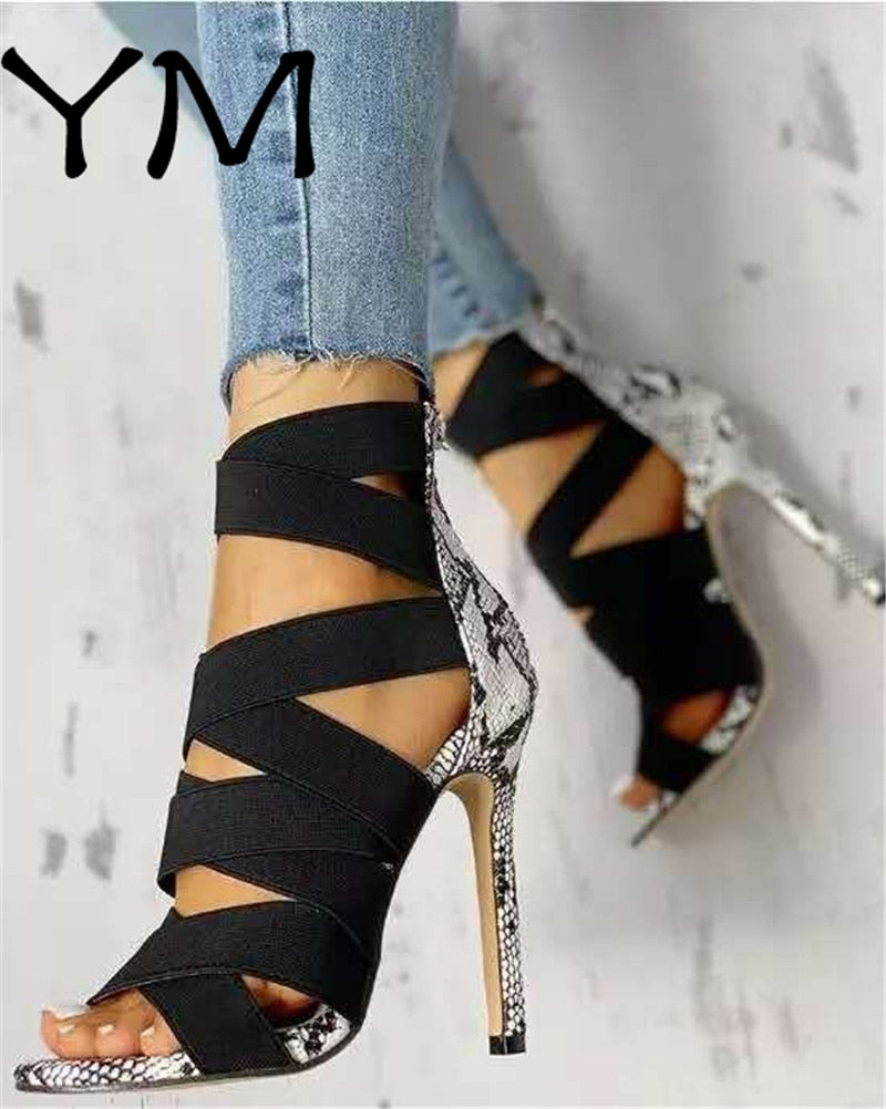 2020 Women Sandalias Mujer Women's Ladies Pumps Fashion Bandage Patchwork Mixed Colors Snake High Heels Sandals Casual Shoe 43