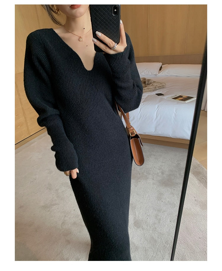 Elegant Long White Knitting Dress Women Winter V-Neck Long Sleeve Bodycon Dress Korean Office Lady High Waist Vintage Dress 2021