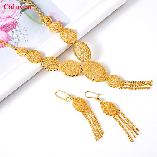 Arabic Dubai Jewelry Set for Women Summer Cooper Earrings Ethiopian African Chain Gold Color Necklace Wedding Bridal Gift