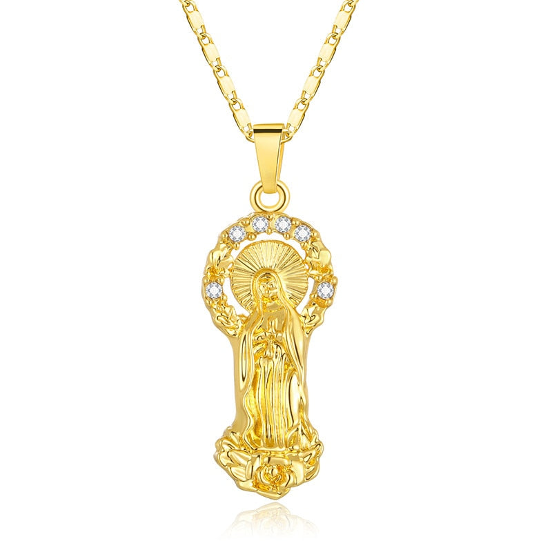 CWEEL Virgin Mary Necklace Gold Color Bijoux Imitation Crystal Statement Necklace Women Fashion Pendant Catholic Jewelry