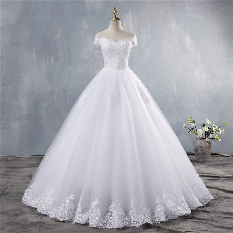 ZJ9143 2019 2020 White Ivory Lace Appliques Ball Gown Cheap Off The Shoulder Short Sleeves Bridal Dress Wedding Dresses