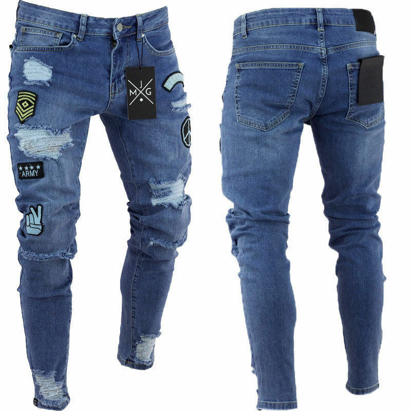 New Fashion Mens Skinny Jeans Rip Slim fit Stretch Denim Distress Frayed Biker Scratchted Hollow out Long Jeans Boy Zone