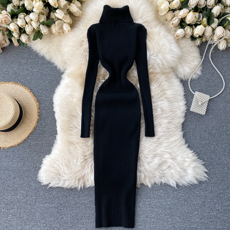 Dresses for Women 2022 Sexy Turtleneck Knitted Bodycon Dress Women Autumn Winter Long Sleeve Sweater Dress