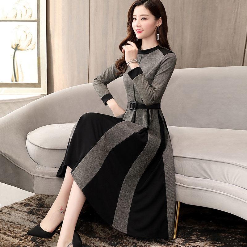 Casual Little Plaid Spliced Hem Pleated A-Line Dresses Women Fall Vintage Belted Long Sleeve Dress Elegant Knee-Length Vestidos