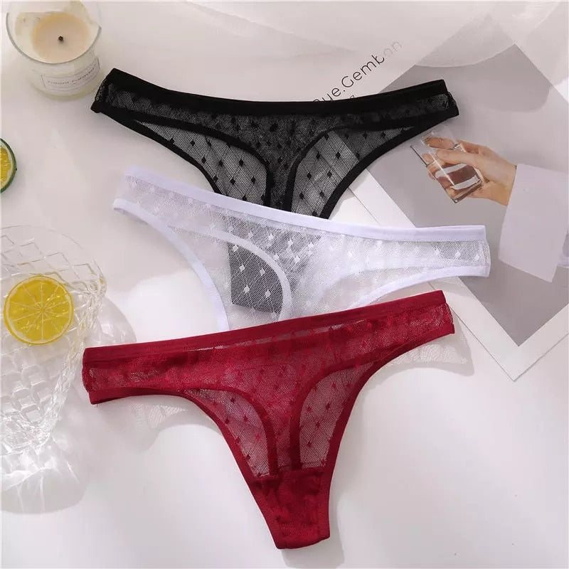 3PCS/Set Sexy Panties Women G-String Thong Lace Underwear Pantys Low-Waist Female Underpants Mesh Perspective Briefs Lingerie