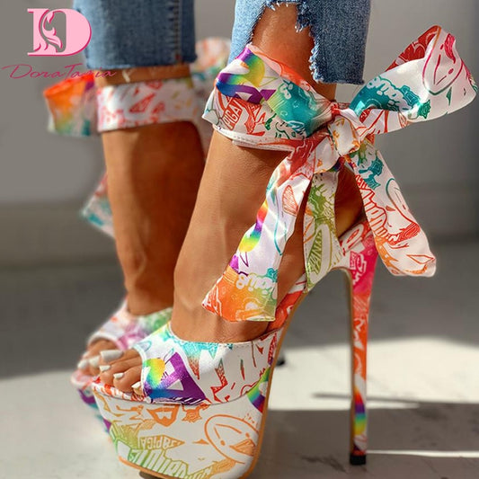 Doratasia 2020 sexy shoes Print super thin high heels Shoes sandals women Summer Party platform ankle-wrap Woman sandals female