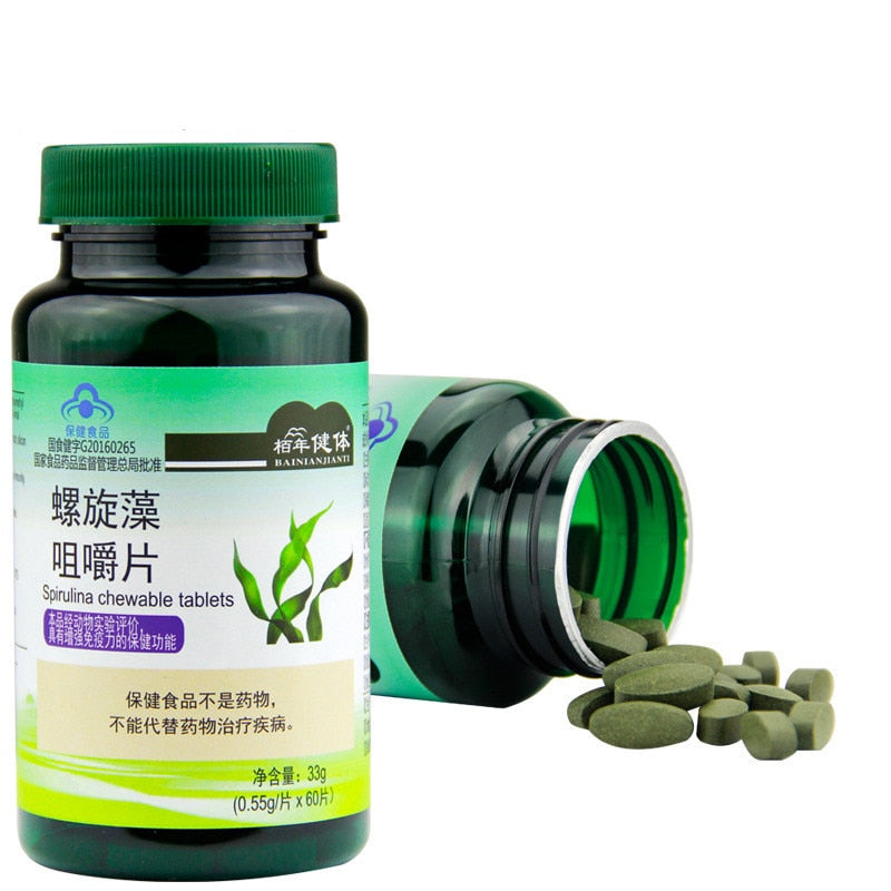 Spirulina Tablet Rich in Protein Multi Vitamins Wafers Algae Alga Spirulina Powder Anti-Fatigue Loss Weight Health Food 60 pills